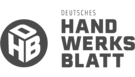 Eine Hand hält einen Würfel mit den Buchstaben DHB, daneben steht der Name Deutsches Handwerksblatt in kräftigen Buchstaben.