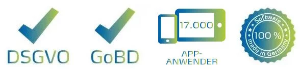 Eine Hand hält ein Tablet mit Siegel für deutsche Software, daneben Hinweise auf Datenschutz, GoBD und viele Handwerker-Nutzer.
