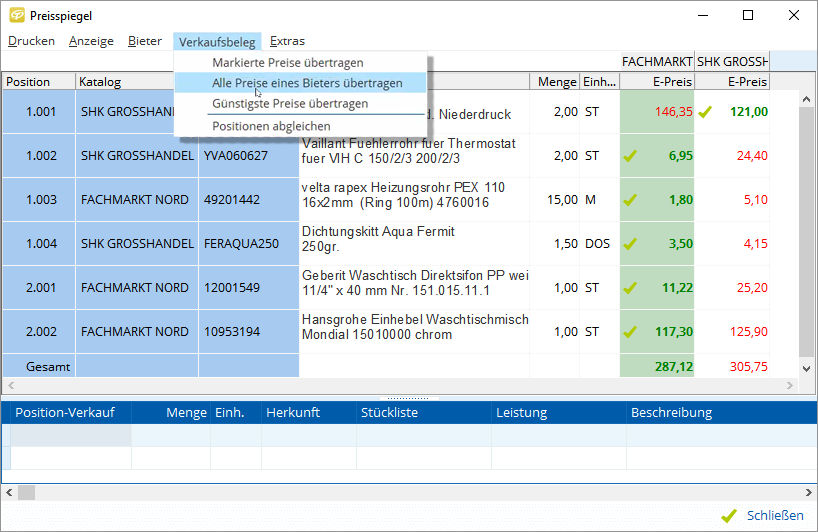 Installateure vergleichen im Programm Preise für Rohre und Zubehör - Details, Mengen und Unterschiede sind übersichtlich markiert.