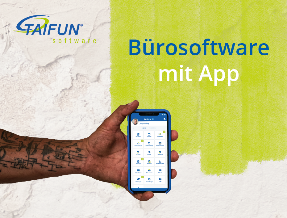 Jemand hält ein Smartphone in der Hand und nutzt die TAIFUN Bürosoftware-App für die Arbeit im Handwerk.