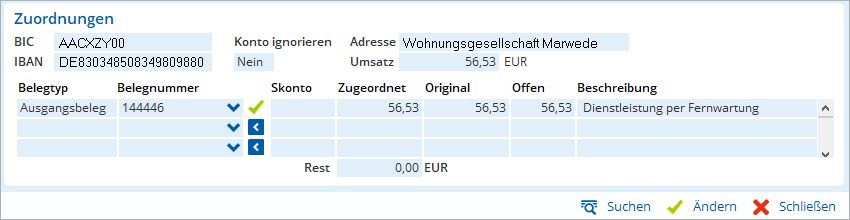 Jemand ordnet eine Zahlung von 56,53 Euro an die Wohnungsgesellschaft zu und nutzt dazu Such- und Bearbeitungsfunktionen.