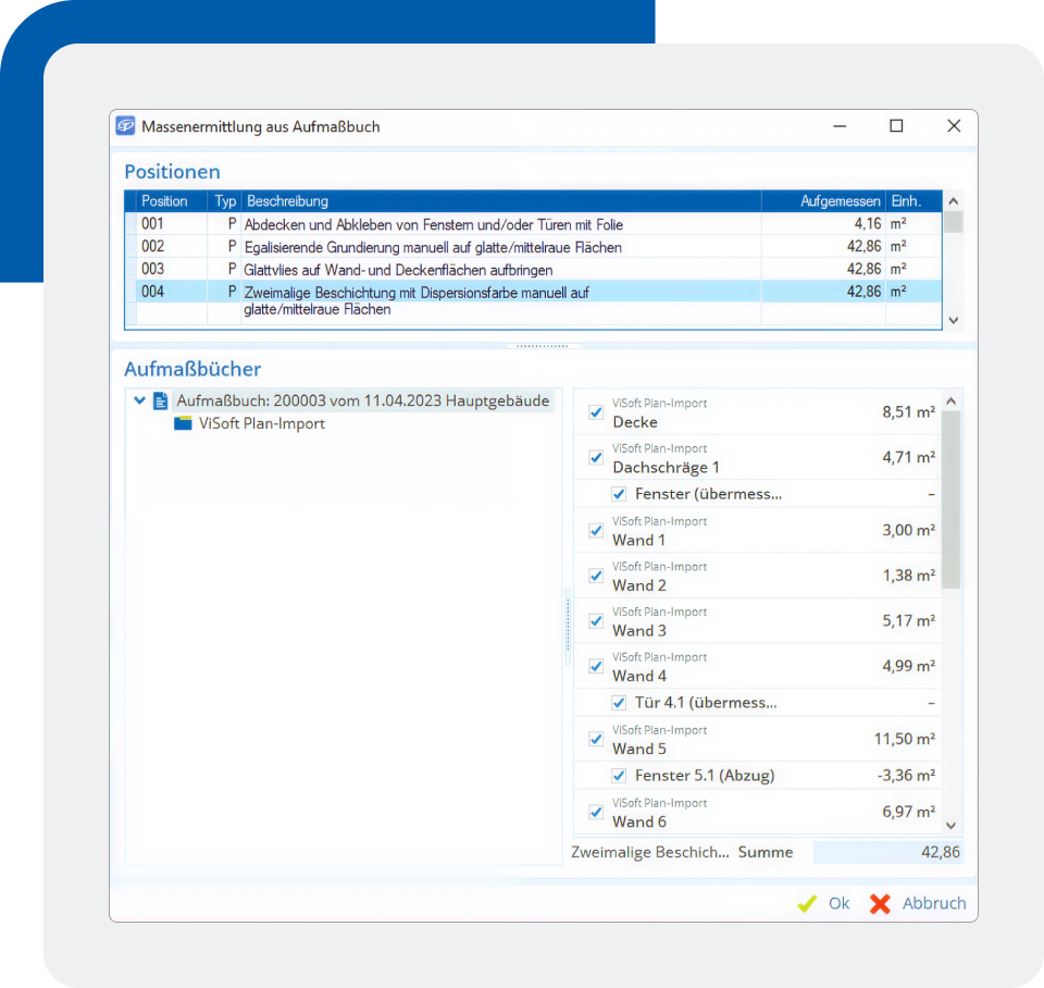 Ein Handwerker prüft am Bildschirm Mengen und Flächen von Bauteilen, um den Überblick auf der Baustelle zu behalten.