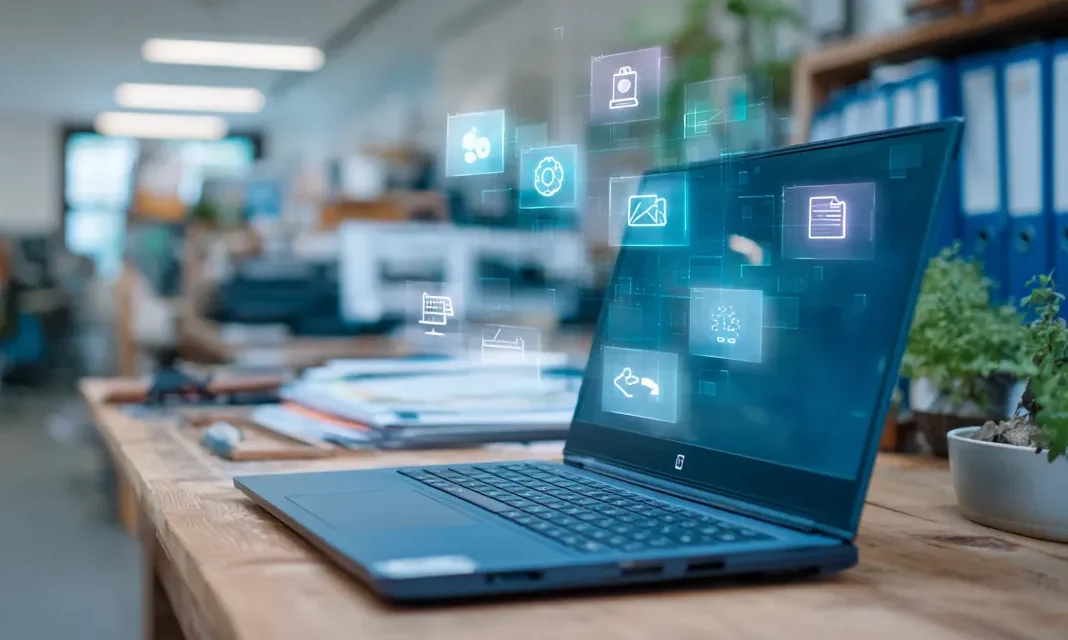 Laptop mit diversen, schwebenden Icons