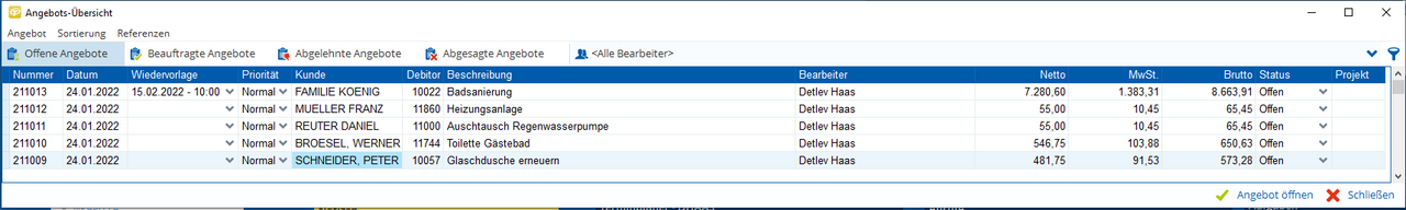 Angebotsübersicht mit Status
