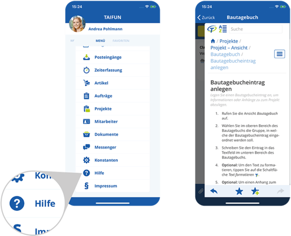 In-App-Hilfe in der Monteur-App von TAIFUN