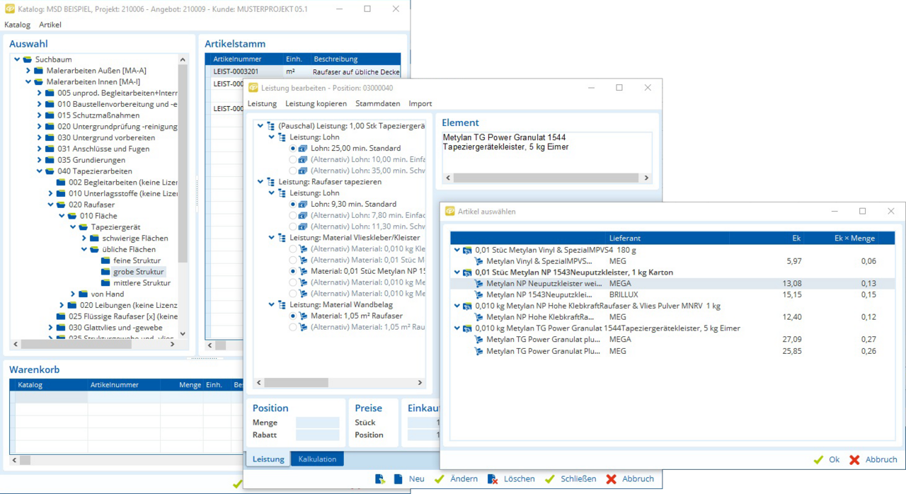 Preisübersicht mit Malertexten