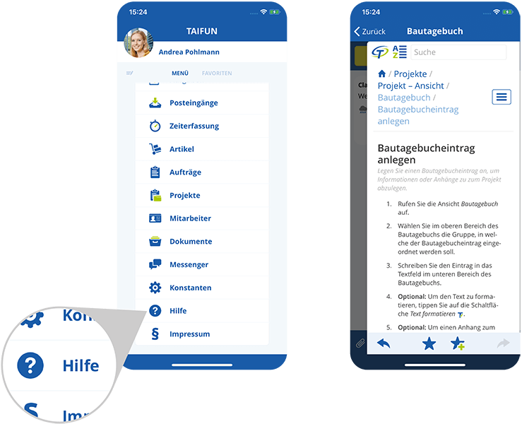 In-App-Hilfe in der Monteur-App von TAIFUN