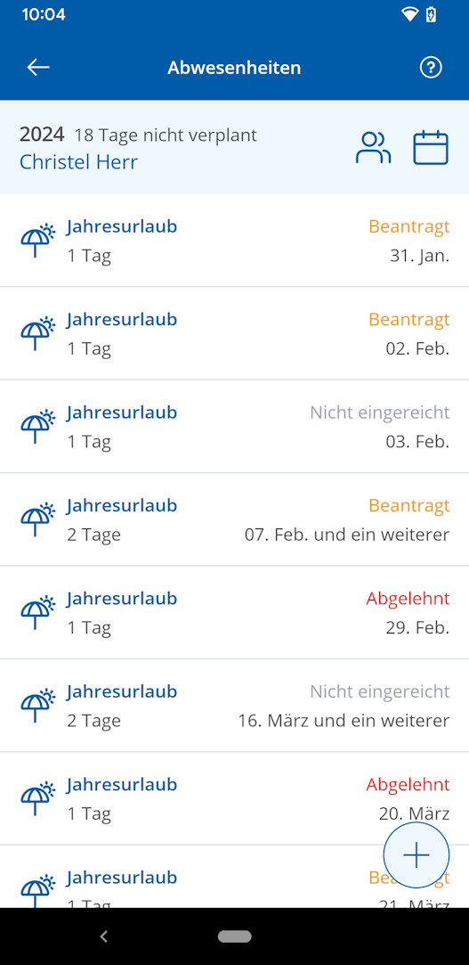 TAIFUN Android App: Abwesenheiten - Übersicht